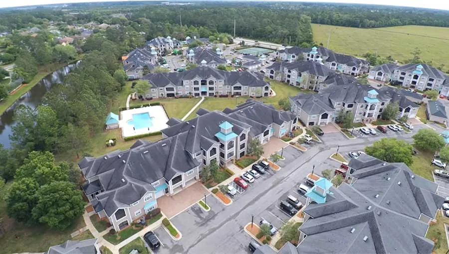 Aerial view of a completed roof complex